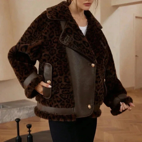 Jackets & Blazers - Brown Casual Women's Leopard Print Patchwork Fluffy Faux Leather Aviator Jacket
